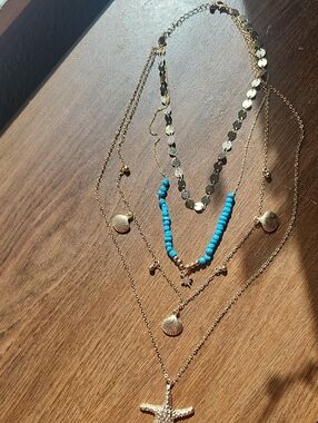 New Gold Multi Chain Layered Starfish & Shell Necklace with Turquoise Beads